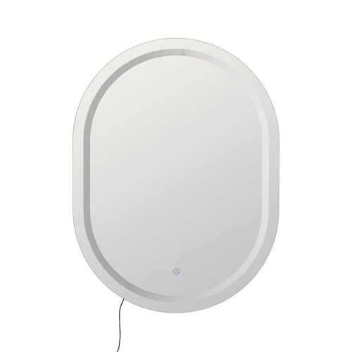 LOLAhome Espejo de Pared con Luz Led Blanca de 4500 Kelvin con Botón Táctil y Enchufe Europeo Ovalado de 80x60 cm con Marco Plateado