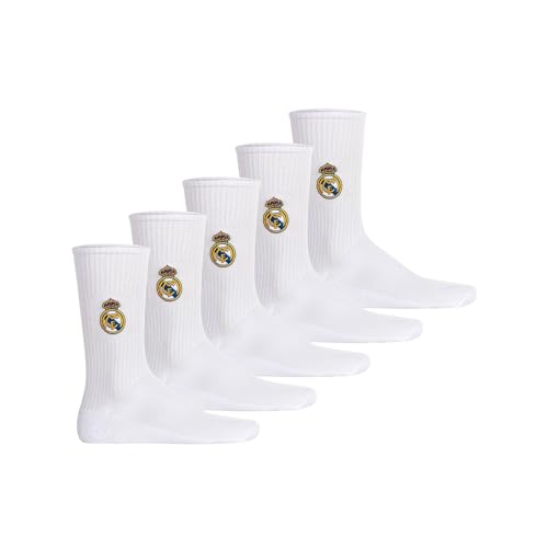 Real Madrid Socken Unisex 5er Pack Offizielles Lizenzprodukt | Tennis Socken Baumwollmischung | Fangeschenk mit gesticktem Logo| Weiß 35-38