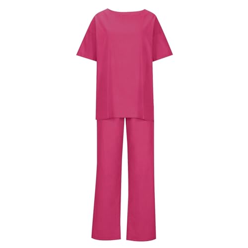 Sets for Women Summer 2 Piece Linen Casual Outfit Crewneck 3/4 Sleeve Tops High Waist Wide Leg Pants with Pockets3