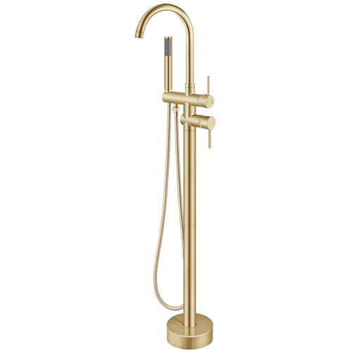 Aolemi Floor Mount Bathtub Faucet Freestanding Tub Filler Standing High Flow Shower Faucets Shower Mixer Taps Swivel Gooseneck Spout with Cylinder Handheld Brushed Gold