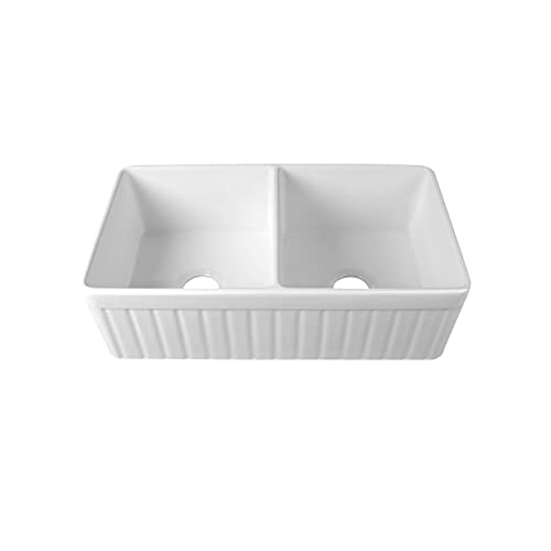 Double Bowl Kitchen Sinks, Deervalley Dv-1K503 Nova 33" L X 18" W Fireclay Farmhouse Sink, Reversible Apron Front White Kitchen Sinks #TOP2