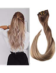 【Promotion】Full Shine 22" 100g 7 Piece for Full Head Clip in Remy Human Hair Extensions Ombre Color #12 Golden Brown to Color #24 Light Blonde …