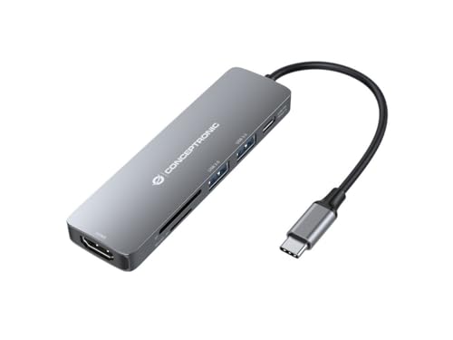 Conceptronic DONN11G - Adaptador USB 6 en 1 Multifuncional USB-C a HDMI/USB-C PD/USB 3.0/USB 2.0/SD/TF multipuerto