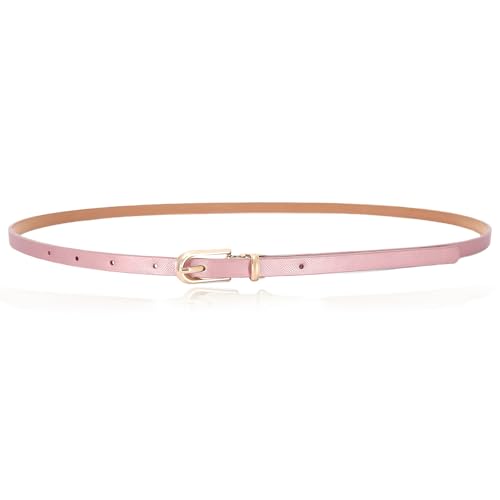 LECTNORE Women Skinny Leather Belt for Dresses Thin Waist Belt with Metal Buckle for Jeans Dress Pants(pink)