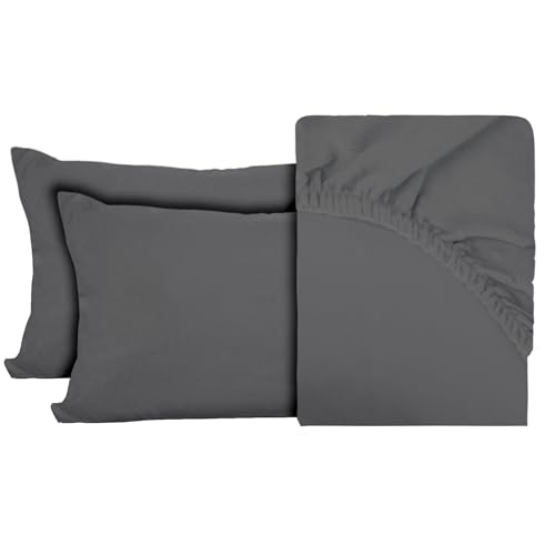 BESCH Sábanas Bajeras Térmica Terciopelo de Cristal Ajustable de 3 Piezas 135x200+25cm + 2 Fundas Almohada de 50x75cm - Bajera Pólar Felpa, Súper Suave y Acogedora (Gris Oscuro, Cama 135)