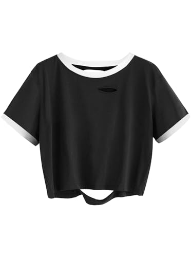 Image of Avanova Women Raglan Shirt Ripped Distressed Crop Tops Short Sleeve Cropped T Shirts Summer Tee Black White Small