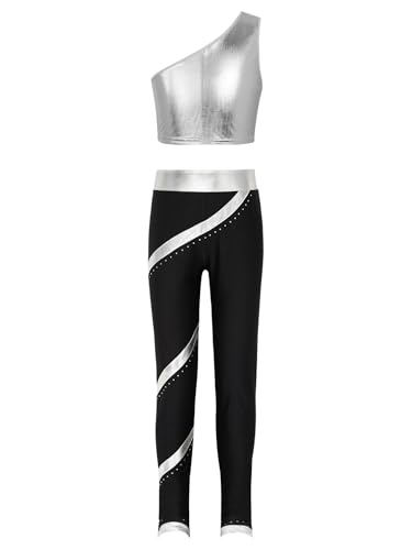 easyforever Kids Girls Sports Outfits Stripes Athletic Leggings+metallic Crop Top Vest With Dance Leotard Traacksuit Silver 6 Years