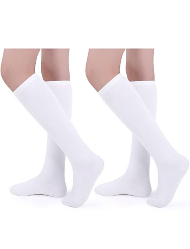 Lainlight 2 Pairs Knee High Socks for Women Casual Athletic Tube Knee Socks Elasticity Long Stockings White