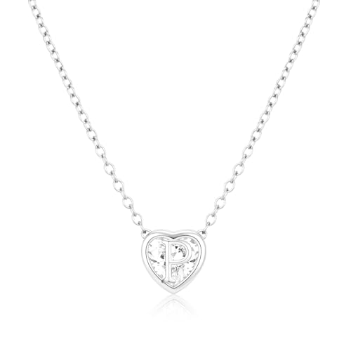 Image of Miss Chipmunk Initial Heart Necklace S925 Sterling Silver Cubic Zirconia Letter A-Z Pendant Tiny Necklace Dainty Jewelry Birthday Gifts for Women Girls-18+2 inch Sliver Chain(P)