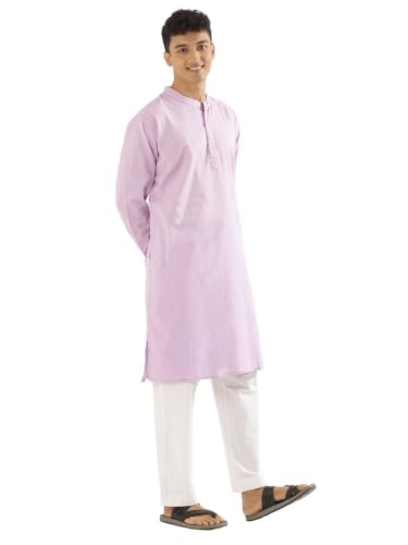 Image of SAADAA Men's Long Kurta - Linen Cotton Blend, Airy Fabric, Regular Fit, Mandarin Collar, Solid Color - Casual, Festive & Ethnic Wear