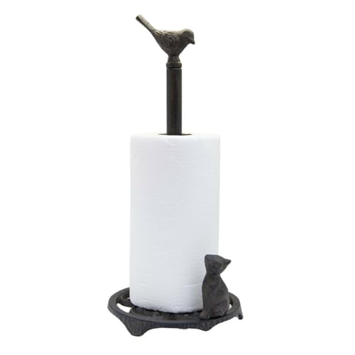 Cast Iron Cat Bird Tissue Roll Holder Dispenser Paper Towel Stand Antique Heavy