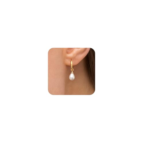 Gold Pearl Dangle Earrings for Women, 14K Gold Plated Small Pearl Drop Huggie Hoop Earrings, Hypoallergenic Dainty Gold Earrings Wedding Jewelry Gifts for Women Trendy