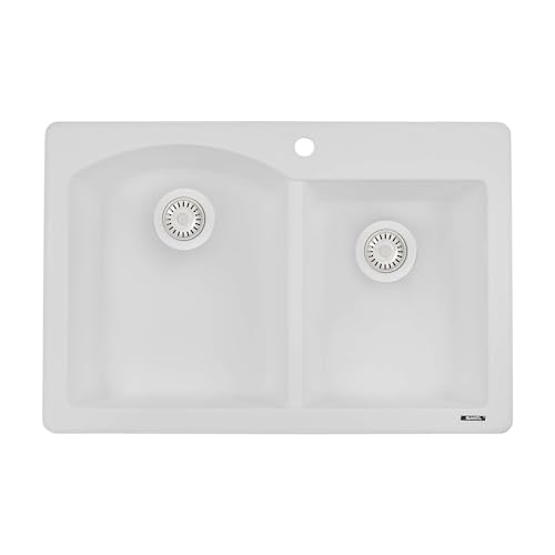 33 x 22 inch White Drop-in Topmount Granite Composite Double Bowl Kitchen Sink - RUVATI RVG1344WH
