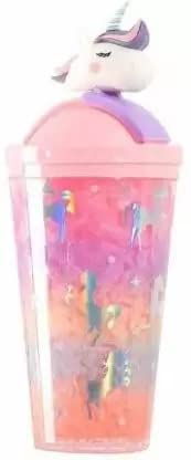 GiftsHub Plastic Glitter Water Bottle Sipper With Straw 450ml Unicorn Design with Sparkle and Glitter Fancy Sipper for Girls Boys Best Gift - (Pink) (PACK OF 1)