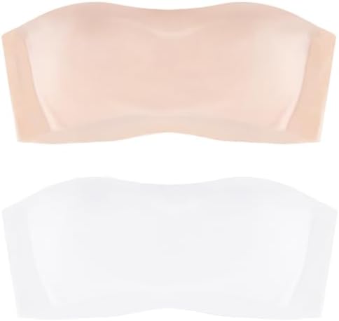 Due Felice Girls Strapless Bra Teen Bandeau Bras 10-12 12-14 14-16 with Clear Straps Seamless Wireless Non-Slip Kids Tube Top, Nude/White, 34