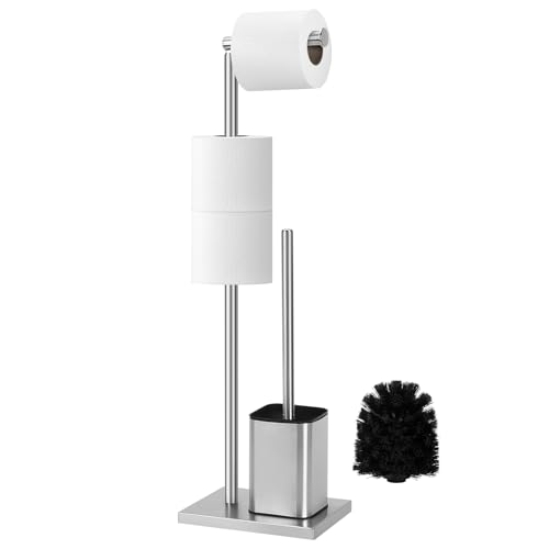 Topsky Free Standing Toilet Roll Holder with Toilet Brush - Stainless Steel Toilet Roll Stand - Toilet Brush and Holder for Bathroom (Siliver)