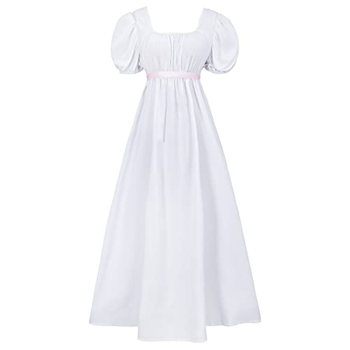 FRIUSATE Vestidos de regencia, vestido vintage, vestidos de regencia para mujer con banda imperio, cintura con volantes, manga abombada, vestido largo para fiestas, bodas y galas, blanco, S