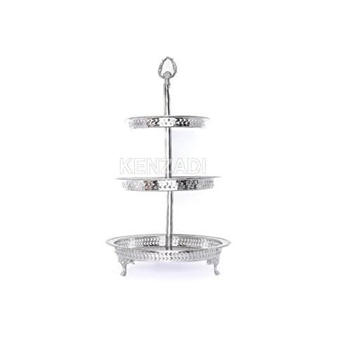 Authentic Handmade Moroccan 3 Tier Silver Plated Brass Hand Hammered Cookies Tray Cake Stand Modern Design Cover