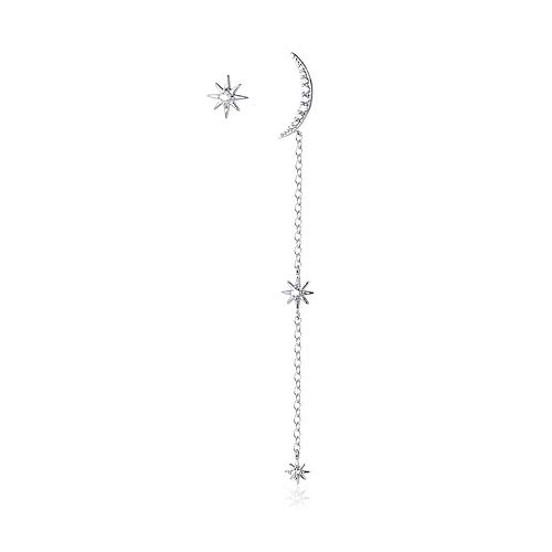 925 Sterling Silver Cz Stud Earrings For Women Girls Cubic Zirconia Asymmetrical Star Moon Tassel Chain Dangle Drop Studs Tragus Post Pin Long Earrings Hypoallergenic Crescent Jewelry (Silver) #TOP25