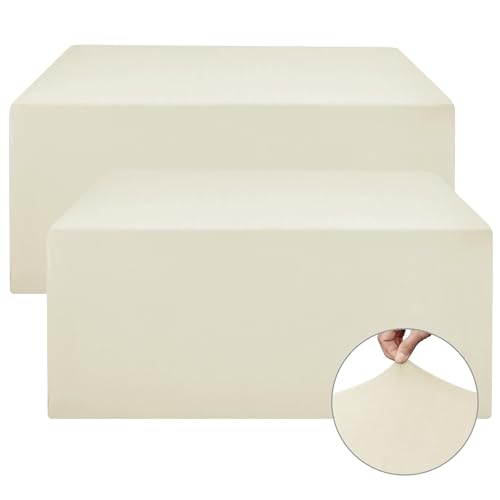 Image of Rectangle Spandex Fitted Tablecloths For Vendor 2 Pcs 72X30 Inch Beige | Wrinkle Resistant Table Covers Protector for 6 Foot Folding Table, Vendor Booths, Parties, Craft Show, Trade Show