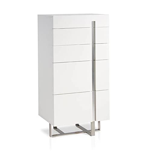 Angel Cerdá - Chiffonnier en MDF Laqué Blanc Brillant - Commode Étroit et Haute - 5 Tiroirs avec Fermeture Retardée - Pieds en Acier Chromé - Grand Espace...
