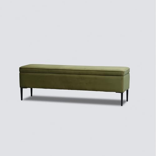 Image of Luxury 2 Seater Velvet Storage Bench Sofa for Living Room & Bedroom | Long Upholstered Ottoman Bench with Hidden Storage | Modern End of Bed Bench Seating with Metal Legs, Olive Green
