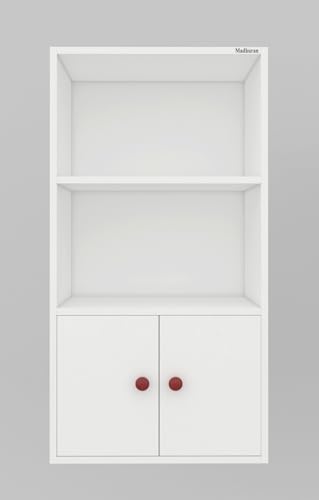 Image of Madhuran Rico Engineered Wood Free Standing Almirah 2 Door Bookcase Organizer (21x11x40 Inches White) Home Bedroom Living Room Office Cabinets Wardrobe Kitchen Clothes Storage