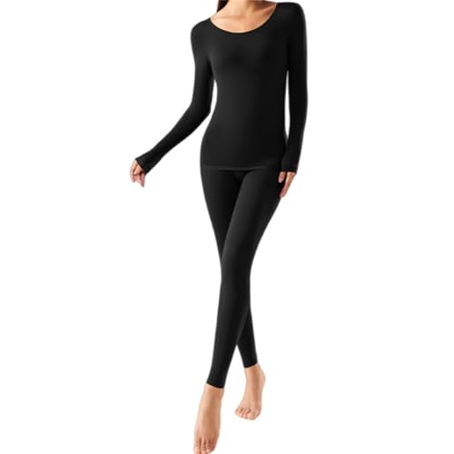 Ropa interior térmica ultrafina sin costuras para mujer, ultra suave, elástica, adelgazante, cálida, capa base superior e inferior, pijama largo con forro polar interior modal, Negro, XL60-80kg