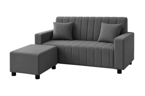 Image of Rosebell 2 Seater Sofa Set with Ottoman | Living Room Couch | with Cushions | Sofa for Home, Office & Apartment-Grey Color