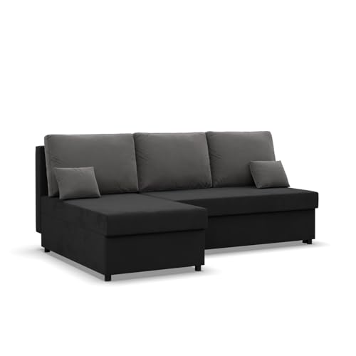 Mebligo Kemi - Ecksofa mit Schlaffunktion, Bettkastem, Komfort und Still, Schaum, schwarz + grau (Mikrofaza 15)