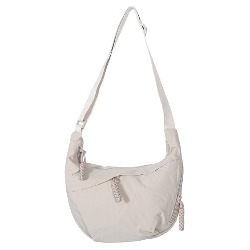 Sac demi-lune beige grand compartiment et bandoulière réglable en polyester pour femme