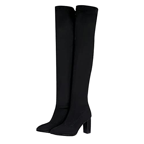 UniqueStride Womens Stretch Thigh High Boots High Block Heel Pointed Toe Over The Knee Boots(black,US size 10)