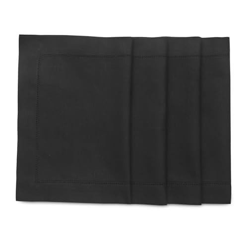 Solino Home Black Placemats Set of 4 - Cotton Linen Hemstitch Placemats 14 x 19 Inch for Winter, Spring, Easter