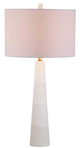 Image of SAFAVIEH Delilah Table Lamp 30 inch, Alabaster White TBL4067A | 30 inch Table Lamp, Genuine Alabaster, Drum Shade, Rotary Switch, LED Bulb Included, Easy Assembly