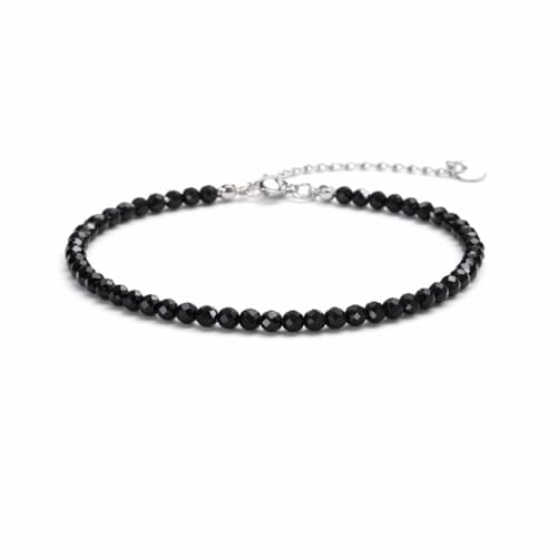 KIM JOHANSON® Tobillera de acero inoxidable para mujer con auténticas piedras naturales de ónix en negro y plata, cadena para el tobillo con perlas de ágata de 4 mm, resistente al agua, joyas para