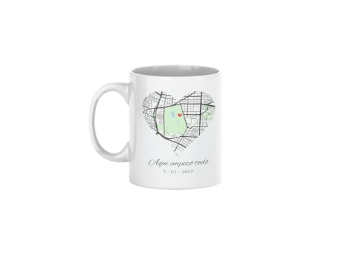 C&P Taza mapa del amor donde empezo todo, personalizada con tu ubicacion favorita, blanco brillo 350 ML (CORAZON COLOR)