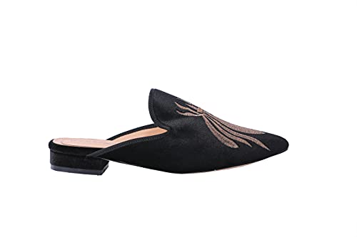 Image of Fericzot Women's Velvet Backless Pointed Toe Slip On Loafers Flats Embroidery Mule Slippers Shoes