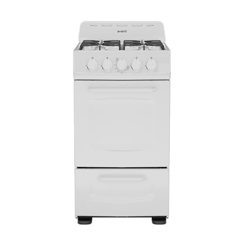 Avanti Gas Range Oven, Compact Freestanding Design, 4 Burners with Electronic Ignition, 2.1 Cu.Ft. Capacity Features Solid Door Storage Drawer Broiler and Accessories, 20-Inch, White