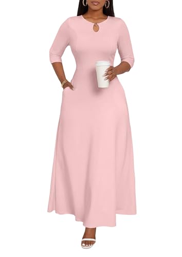 Image of FANDEE Women's Maxi Dress Casual Boho Plain Long Dresses 3 /4 Sleeve with Pockets