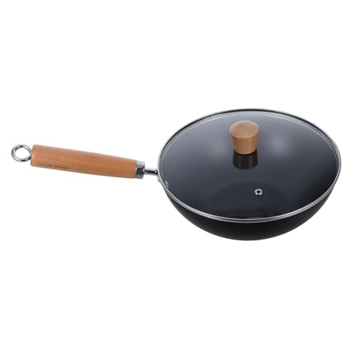 TOPBATHY Sartén de Hierro con Wok para Cocinas de Gas Utensilios de Cocina de Hierro sin Recubrimiento Mango de Madera Resistente Calor Sartén para Saltear