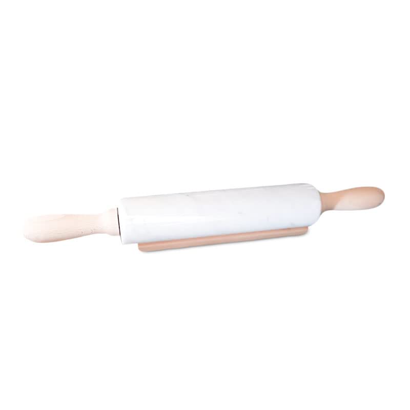 Mattarello in Marmo Bianco Carrara con Base in Legno Italian White Marble Rolling Pin 45 cm