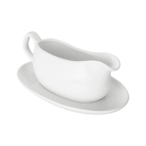 Nucookery Large 14 Oz Gravy Boat With Ergonomic Handle | White Fine Porcelain Saucier With Big Dripless Lip Spout For Gravy, Warming Sauces, Salad Dressings, MilK (14 Oz with Tray)