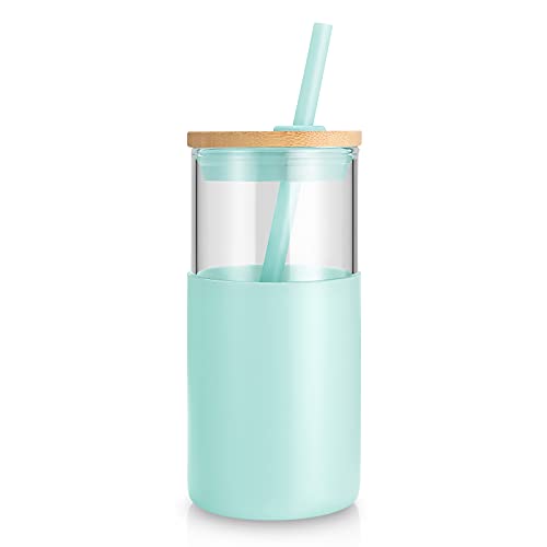Tronco® 16 oz Glass Tumbler with Lids and Straw, Reusable Iced Coffee Cup & Smoothie Cup with Bamboo Lid, Silicone Sleeve, Dishwasher Safe, BPA-Free Borosilicate Glass, 1 Pack