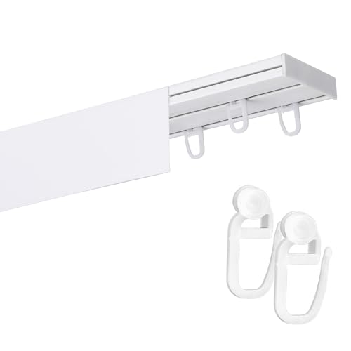 Fenster DEKOR Gardinenschiene mit Blende 2-läufig PVC Vorhangschiene zur Deckenmontage Deckenschiene für Vorhänge Weiß mit Haken mit Rolle 160 cm