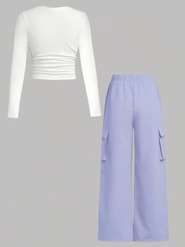 Image of Azmxynol Girls Clothes 2 Piece Outfit Ribbed T-Shirt Top + Cargo Pants, Girls Fall Clothing Set, Sizes 5-16 Years