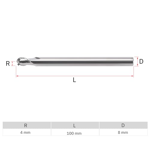 Image of MYS Cermet Ball Nose End Mill -2 Flute-4mm, 5mmfor Drill Press & Milling Machine,CNC Router Bits Carbide Speed Square for Medium &Low-Carbon Steel，High Speed Machine & More (R4-L100-D8)