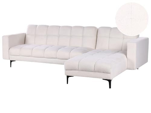 Sofá de bouclé acolchado con capitoné esquinero izquierdo respaldo recinable con 3 posiciones clic-clac blanco Alnes