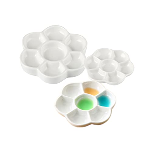 Set of 3,7-Well Small Ceramic Artist Paint Pallet,Tray,Palette,3/4.5/6 inch,Easy to Clean Porcelain Mixing Tray for Watercolor Gouache Painting
