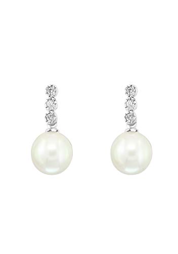 14K White Gold 0.09ctw Diamond & 8mm-8.5mm AAA Round White Freshwater Cultured Pearl Stacked Bezels Drop Stud Earrings (G-H Color, SI2-I1 Clarity)