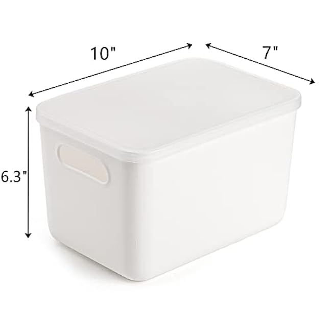 Lawei 4 Pack Plastic Storage Bins with Lid, White Stackable Storage Basket Organizer Box, Sturdy Containers Organizing Lidded Bins for Shelves, Cabinet, Desk, Pantry, Bedroom, Book, Toys